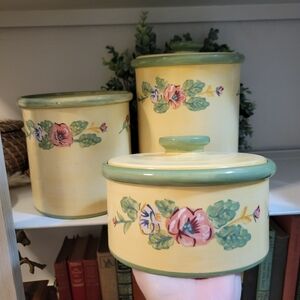 Blue Sky Stoneware Vintage Floral Canister & Utensil Holder Cottagecore Set